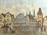 Historická malba města s městskou bránou